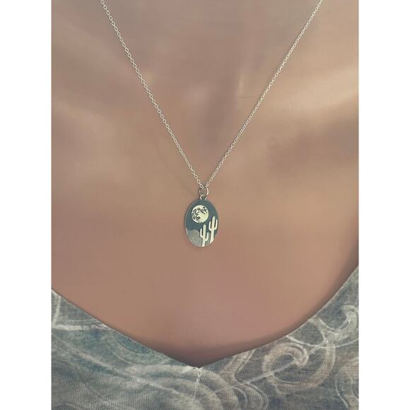 Sterling Silver Etched Moon and Cactus Necklace - Picture 3 of 5